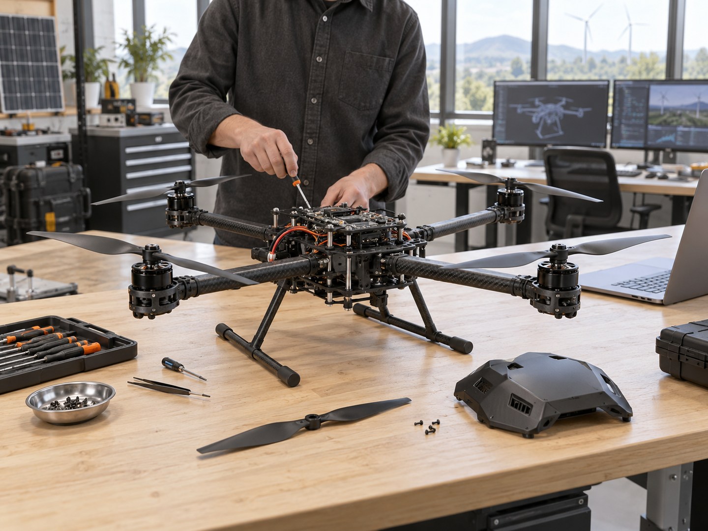 Technikas surenka ketursraigtį droną ant darbo stalo; veido nematyti.